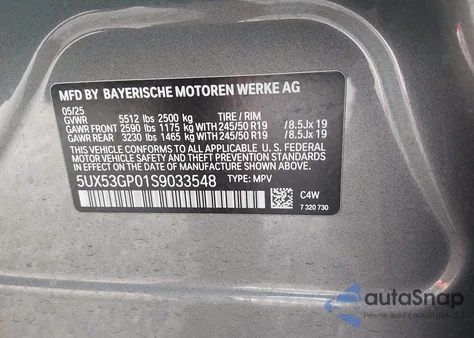 2025 BMW X3 30 xDrive z USA, uszkodzony, nr VIN 5UX53GP01S9033548